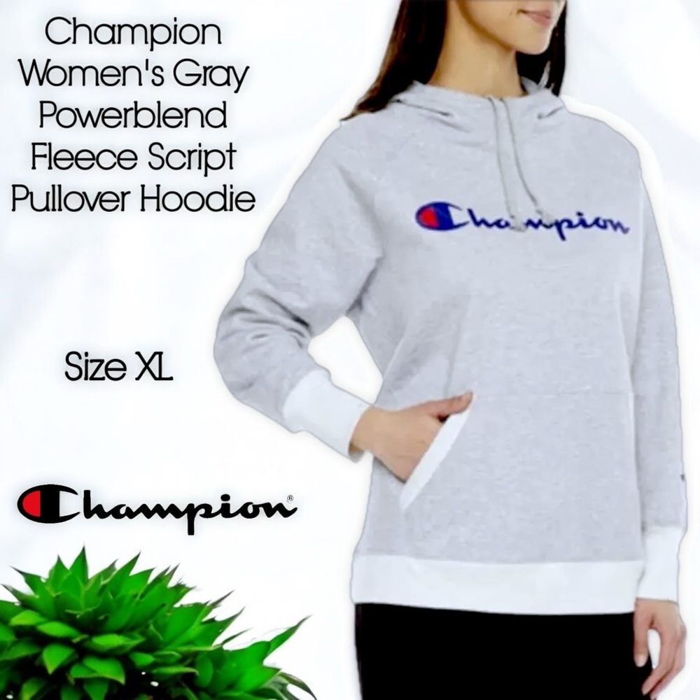 Champion Women's Powerblend Fleece Script Pullover Hoodie In Gray - Picture 1 of 16